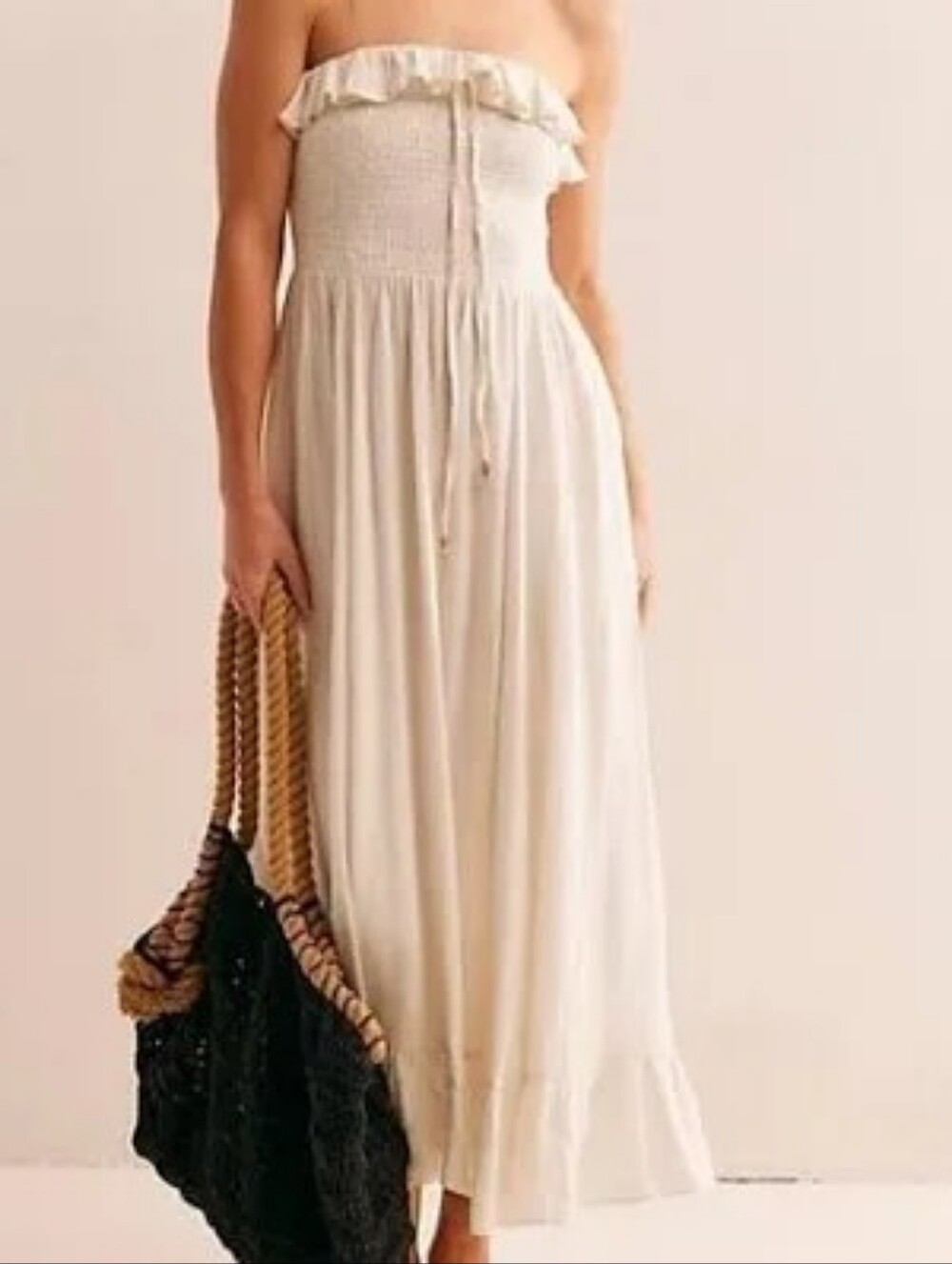 Timing Cream Strapless Smocked Ruffle Slip